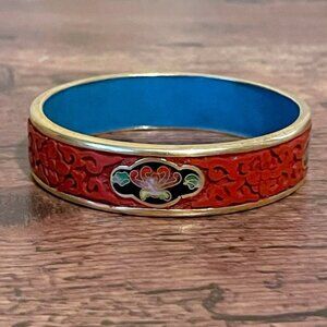 Vintage Chinese Export Cloisonne Carved Cinnabar Bangle Bracelet Enamel Brass